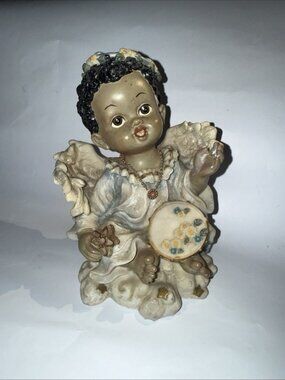 Vintage African American Black Angel Resin Figurine Musical Instrument Flowers